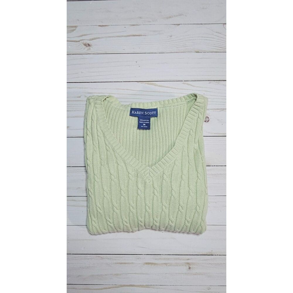 Karen Scott Women’s M 100% Cotton Cable Knit V-Neck Sweater Sage Green